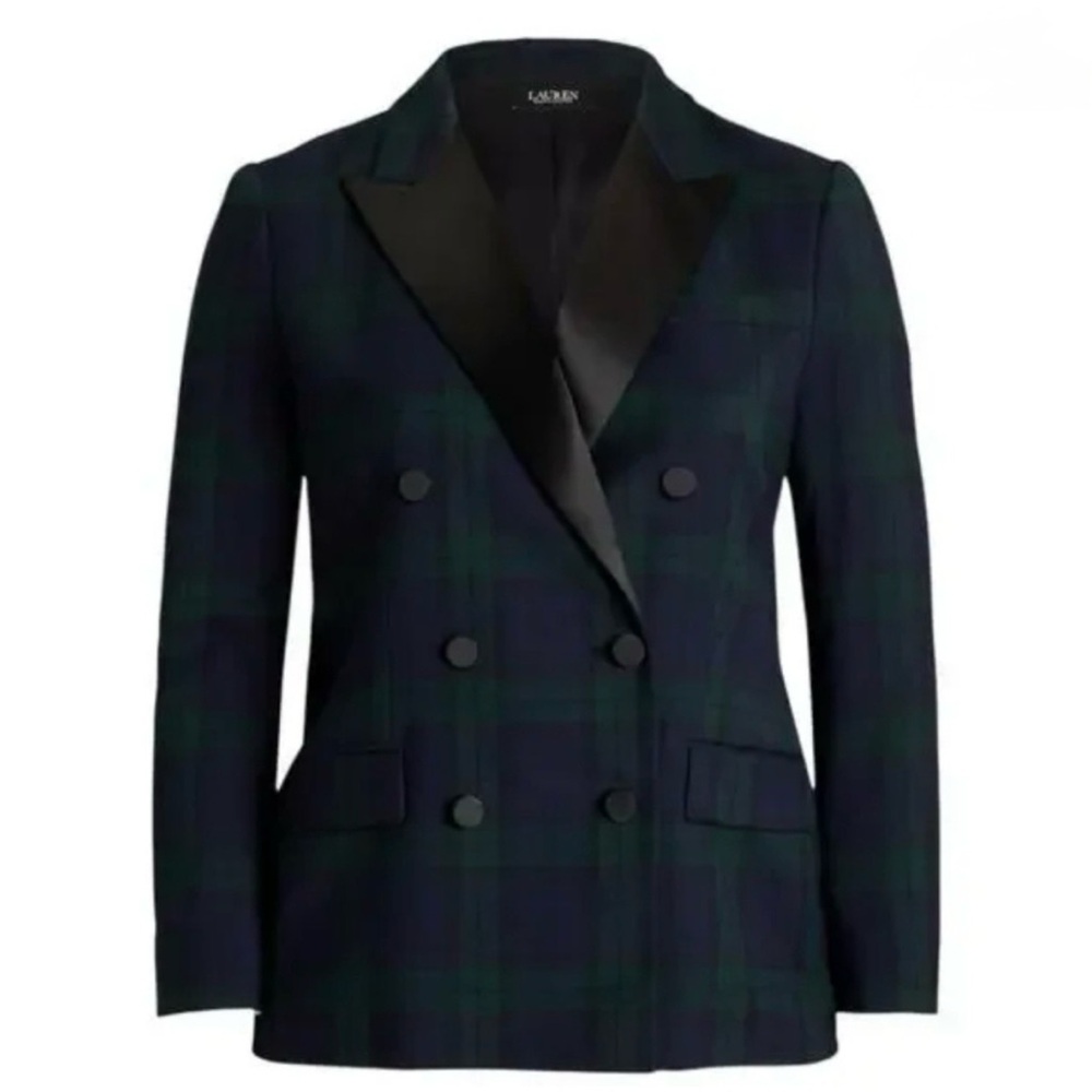 Lauren Ralph Lauren Green Navy Plaid Blazer Black Satin Trim Holiday Preppy 20W - Picture 2 of 9